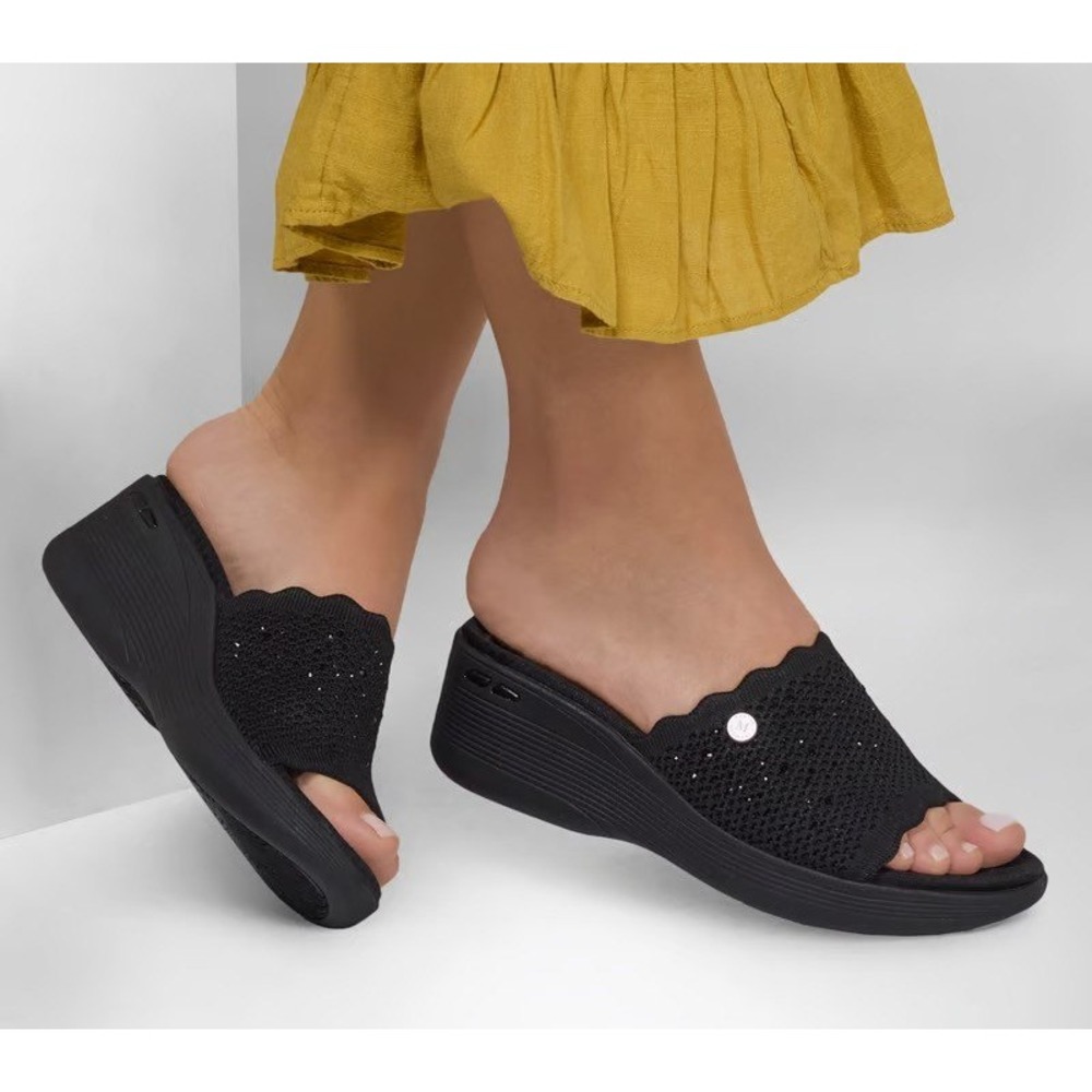 Skechers Martha Stewart Pier Lite Wedge Slide Sandals 7.5 Black Embellished Knit